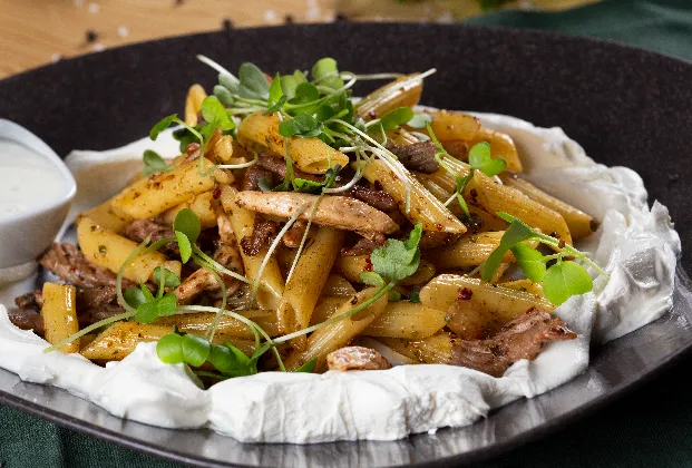 Green Dreams Penne with Beef Tenderloin and Chicken Pieces on Labneh, with Yogurt Sauce