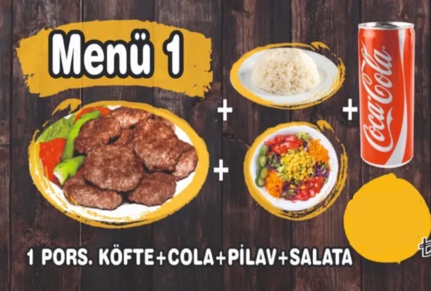 Menu 1: Köfte, cola, rice pilaf and salad