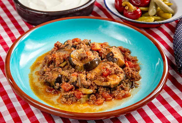 Moussaka with Kashar cheese and rice pilaf