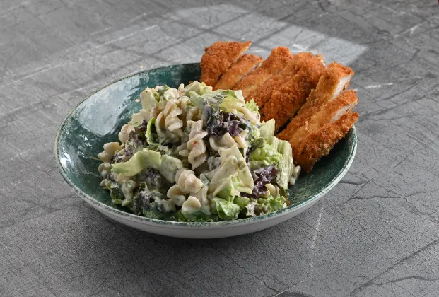 Chicken schnitzel and pasta salad with tartar sauce