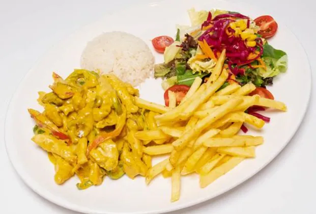 Curry Chicken with Rice and Fries