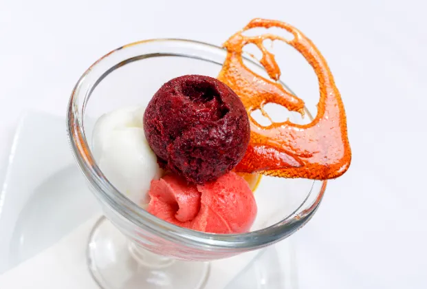 Lemon, mango, strawberry, and black mulberry sorbet