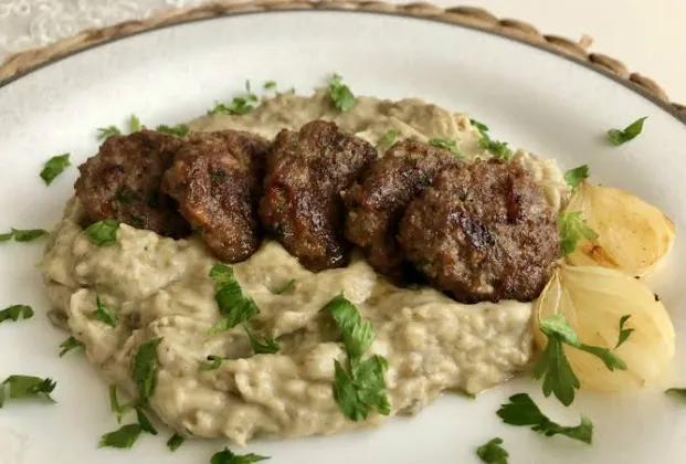 Turkish meatballs with eggplant purée