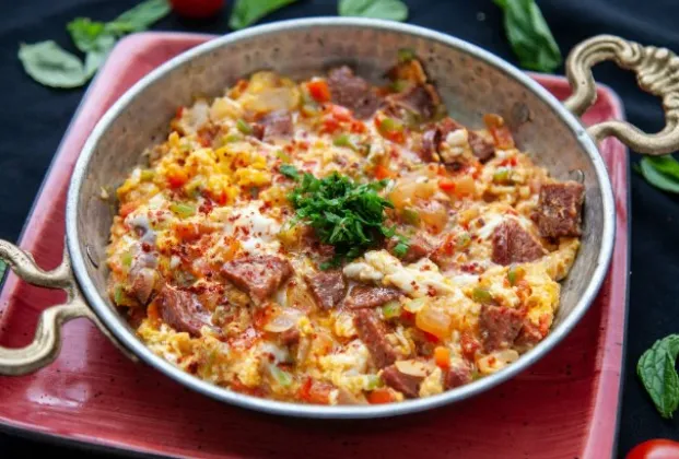 Menemen with sucuk and kaşar cheese