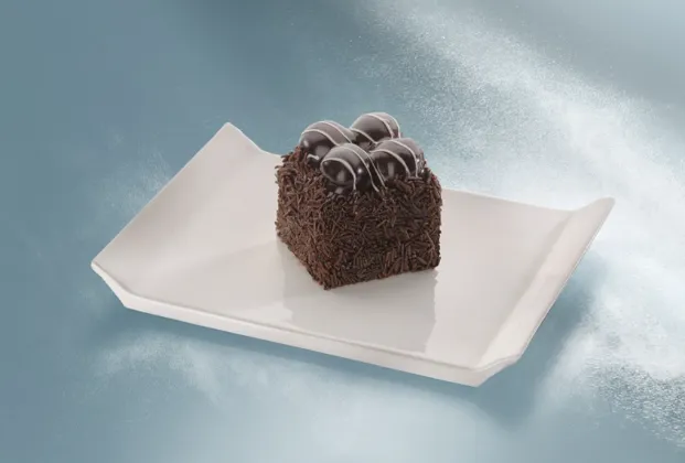 Black profiterole mono cake with a dark chocolate edge