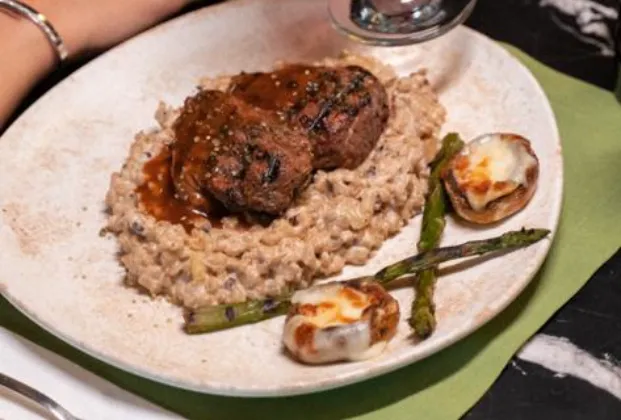 Beef Tenderloin on a Bed of Mushroom Risotto