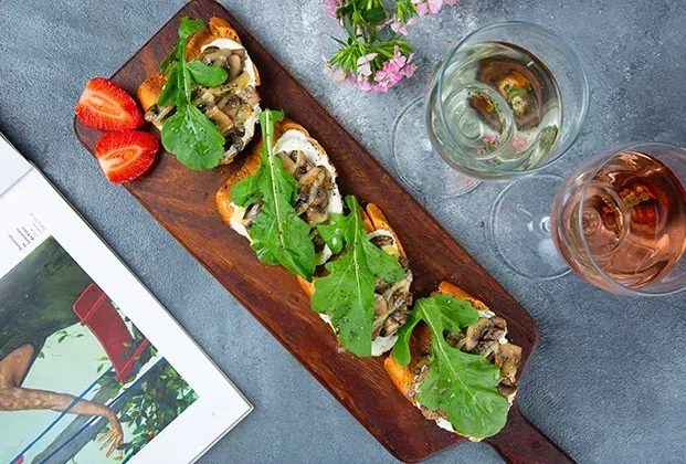 Bruschetta with Chestnut Mushrooms, Tulum Cheese, Labneh Cream, and Lemon Chutney