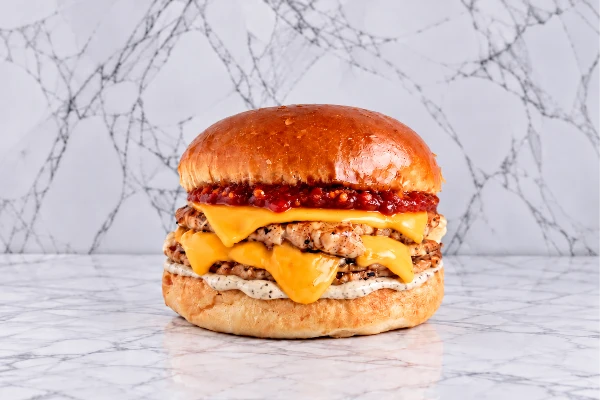 Chicken smash burger with hot pepper jam
