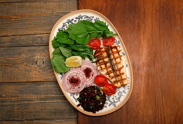 Grilled Salmon with Black Rice and Salad