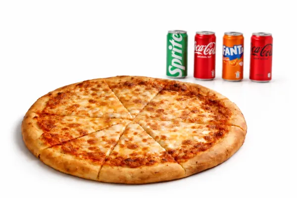 Margherita pizza, fries and drink