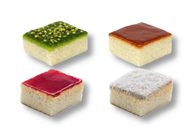 Tres leches cake with pistachio, caramel, raspberry and coconut