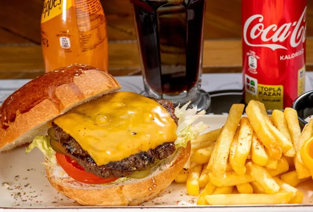 Beef and cheddar cheeseburger with fries