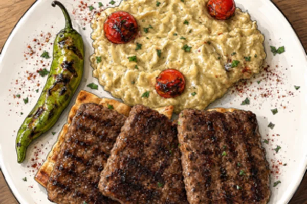 Kasap köfte with beğendi, tırnak pide, and grilled tomato