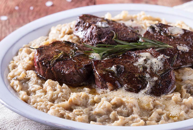 Grilled ribeye steak with beğendi