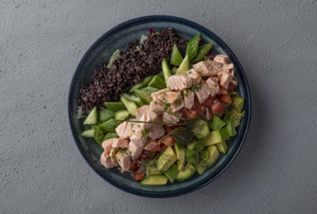 Poached salmon poke bowl