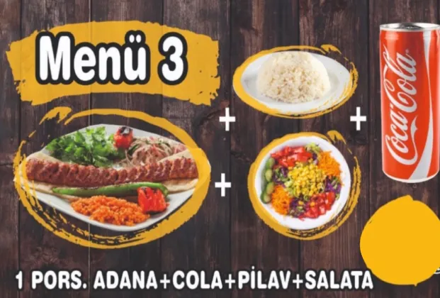 Menu 3: Adana kebab, cola, rice pilaf and salad