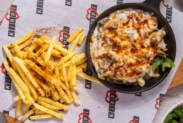 Chicken Alfredo with Fries and Arugula Salad