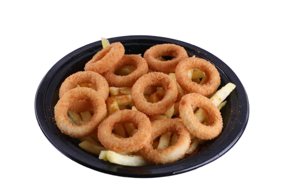 Potatoes topped with onion rings