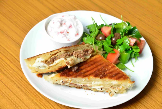 Çengelköy kavurma and kaşar cheese börek toast
