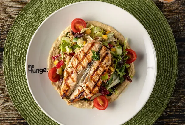 Hummus, Grilled Salmon and Quinoa Salad