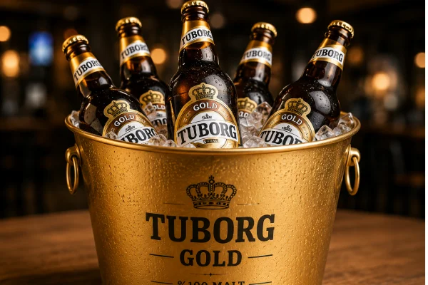 Tuborg Gold bucket (5 beers) with Tuborg Unfiltered and Rokethane fries