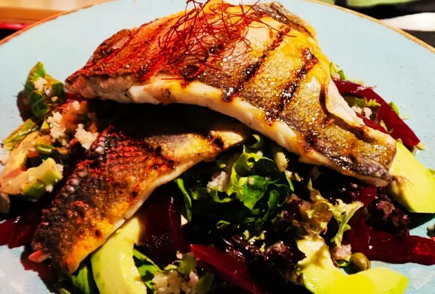Grilled sea bass salad
