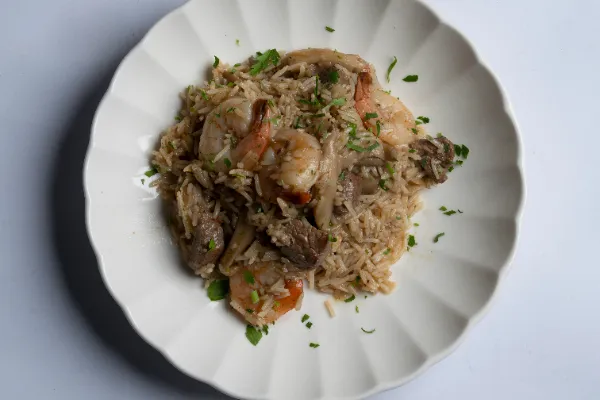 Beef and prawn rice